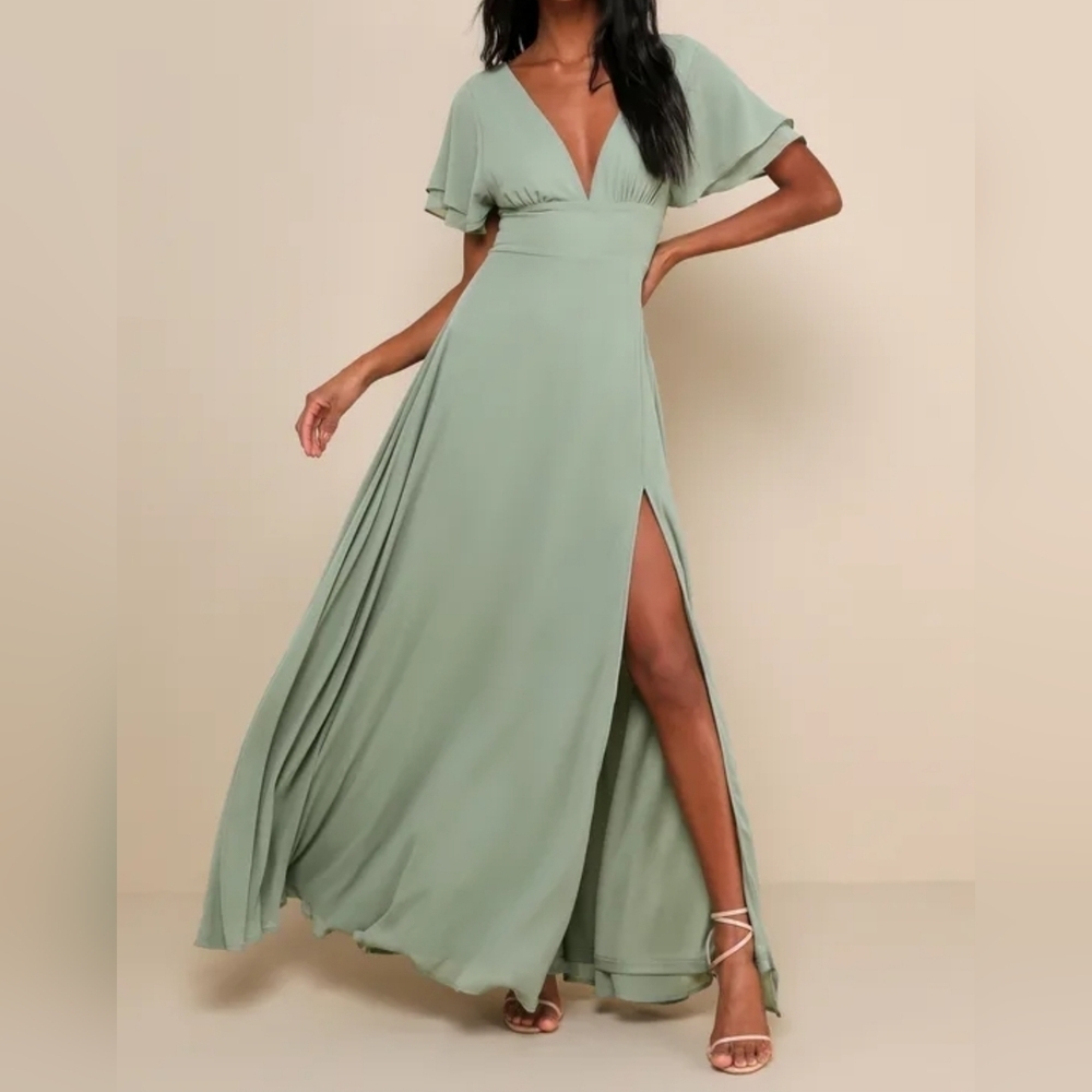 Lulus Promise Of Love Sage Brush Flutter Sleeve Maxi Dress, Size XL